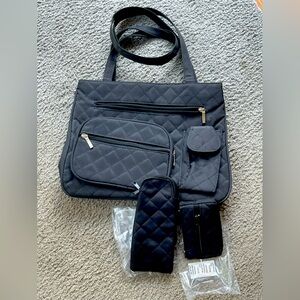 NWOT QUILTED BLACK 3-PIECE SHOULDER BAG SET! Zippers EVERYWHERE! Silver-Tone.